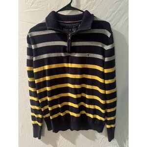 Tommy Hilfiger 1/4 Zip Sweater Mock Neck Preppy Classic Men's Size Large Striped